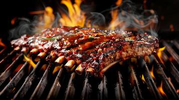 ai gegenereerd rokerig sappig Amerikaans bbq ribben sissen Aan houtskool rooster met sappig vlees Koken over- natuurlijk brand foto