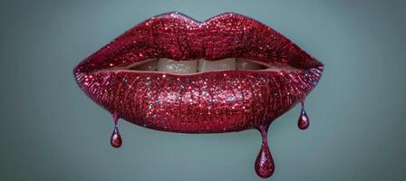 ai gegenereerd levendig rood bedenken glanzend lippen, metalen huid, en druipend verf Aan mooi model- foto