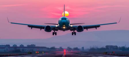 ai gegenereerd modern passagier vliegtuig stijgend in de zonsondergang lucht over- een mooi panoramisch landschap foto