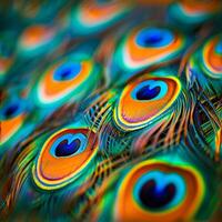 ai gegenereerd dichtbij omhoog van levendig Pauw veren creëren een verbijsterend en kleurrijk achtergrond foto