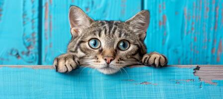 ai gegenereerd nieuwsgierig gestreept katje gluren over- blauw houten achtergrond, schattig kat met poten omhoog Aan wazig oppervlakte foto