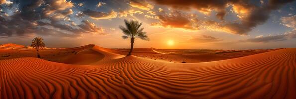 ai gegenereerd betoverend Sahara woestijn panorama Bij zonsondergang met gouden zand duinen breed banier visie foto