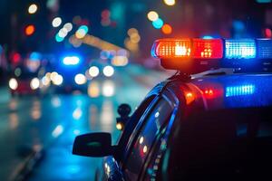 ai gegenereerd Politie auto lichten Bij nacht in stad straat met selectief focus en bokeh foto