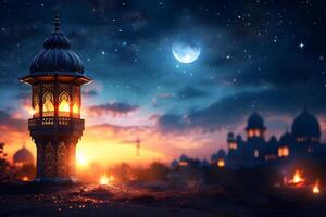 ai gegenereerd fanatiek Ramadan lantaarns Bij nacht met maan en moskee in de achtergrond foto