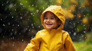 ai gegenereerd gelukkig kind in geel regenjas genieten van regen. foto