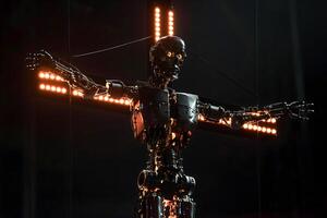 ai gegenereerd gekruisigd robot voor agi cyber god concept foto