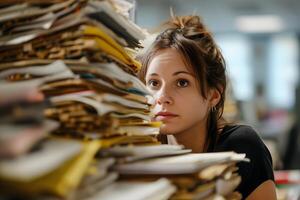 ai gegenereerd Kaukasisch vrouw in een kantoor, overweldigd door een bergen van papierwerk foto