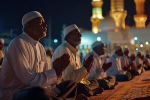 ai gegenereerd moslim gebeden zittend in voorkant van moskee Bij Ramadan nacht met selectief focus, neurale netwerk gegenereerd beeld foto