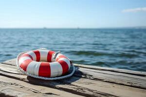 ai gegenereerd reddingsboei Aan houten pier met Doorzichtig blauw zee in de achtergrond foto