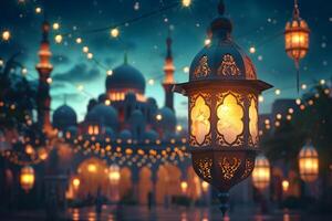 ai gegenereerd fanatiek Ramadan lantaarns Bij nacht met moskee in de achtergrond foto