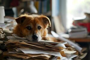 ai gegenereerd hond in een kantoor, overweldigd door een bergen van papierwerk foto