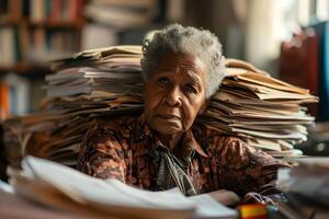 ai gegenereerd senior Afrikaanse Amerikaans vrouw in een kantoor, overweldigd door een bergen van papierwerk foto