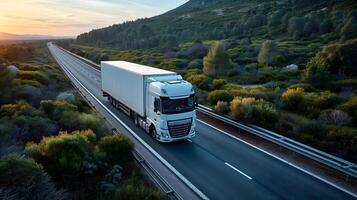 ai gegenereerd wit Europese semitruck is gezien van de lucht Aan een snelweg gesteund door vegetatie foto