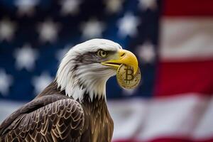 ai gegenereerd kaal adelaar Holding bitcoin glans met Verenigde Staten van Amerika vlag Aan de achtergrond foto