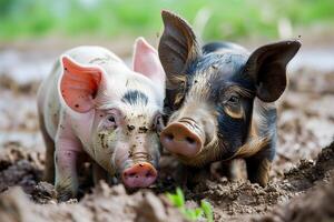 ai gegenereerd twee jong varkens houdende in een aarde foto