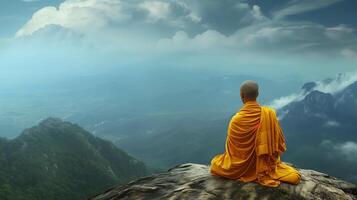 ai gegenereerd een monnik mediteren Aan top van een berg, symboliseert de Zuivering van de geest foto