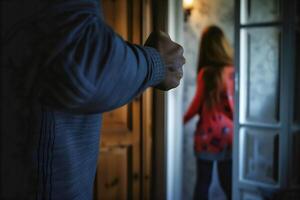 ai gegenereerd huiselijk geweld, Mens Holding in voorkant van een vrouw, visie van de rug, meisje in de achtergrond foto