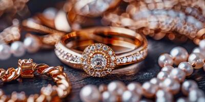 ai gegenereerd illustratie van met diamanten bezaaid goud sieraden met kettingen en een ring foto