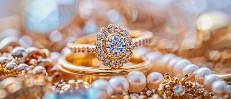 ai gegenereerd illustratie van met diamanten bezaaid goud sieraden met kettingen en een ring foto