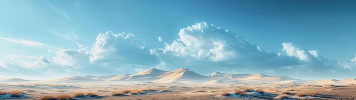 ai gegenereerd banier illustratie van een woestijn landschap met duinen in achtergrond, bewolkt lucht foto