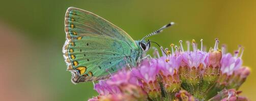 ai gegenereerd detailopname wonder, macro fotografie onthullend de voortreffelijk details van een groen hairstreak vlinder tegen een natuurlijk Woud backdrop foto
