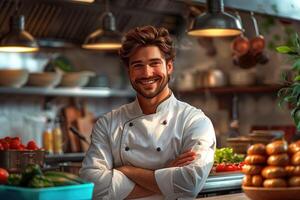 ai gegenereerd portret van een glimlachen mannetje chef staand met armen gekruiste in de keuken foto