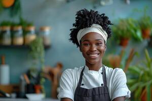 ai gegenereerd portret van jong Afrikaanse Amerikaans vrouw barista glimlachen Bij camera foto