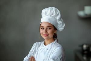 ai gegenereerd portret van een jong vrouw chef in uniform en hoed Aan grijs achtergrond foto