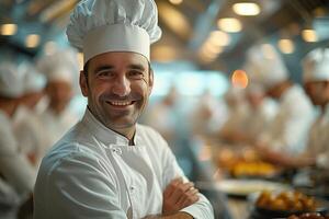 ai gegenereerd portret van glimlachen mannetje chef staand met armen gekruiste in restaurant keuken foto