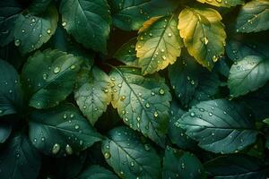 ai gegenereerd groen bladeren met druppels van water na de regen. natuurlijk achtergrond. foto