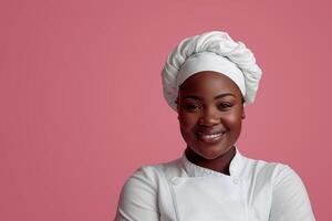 ai gegenereerd portret van een glimlachen Afrikaanse Amerikaans vrouw chef tegen roze achtergrond foto