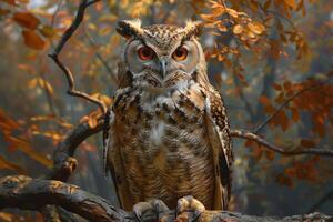 ai gegenereerd Super goed gehoornd uil bubo virginianus in herfst Woud foto