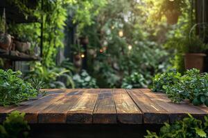 ai gegenereerd leeg houten tafel Aan de natuurlijk achtergrond. voor Product Scherm foto