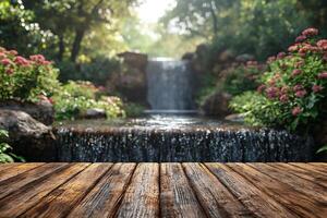 ai gegenereerd leeg houten tafel Aan de natuurlijk achtergrond. voor Product Scherm foto