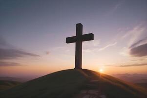 ai gegenereerd silhouet van kruis Aan Golgotha heuvel Bij zonsondergang. foto