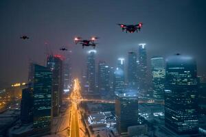 ai gegenereerd groep van drones over- stad Bij besneeuwd winter nacht foto