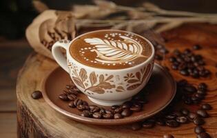 ai gegenereerd een stomen kop van latte kunst koffie resting Aan een houten oppervlak, omringd door koffie bonen en jute, oproepen tot een warm, knus atmosfeer foto