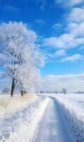 ai gegenereerd winter landschap met bomen in rijp, weg en blauw lucht foto