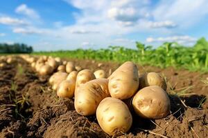 ai gegenereerd geoogst aardappelen Aan een veld- in de stralen van de instelling zon foto