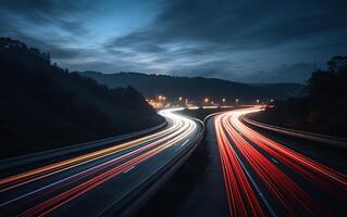 ai gegenereerd snelweg in de bergen Bij nacht met mist en licht paden. foto