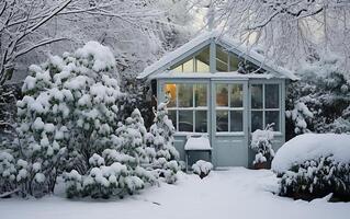 ai gegenereerd mooi winter landschap met met sneeuw bedekt bomen en een houten huis foto