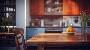 ai gegenereerd dichtbij omhoog van houten tafel in modern keuken interieur. wazig achtergrond foto