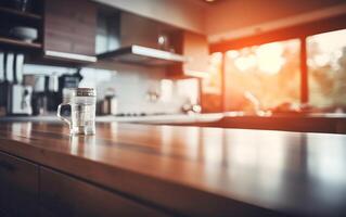 ai gegenereerd dichtbij omhoog van houten tafel in modern keuken interieur. wazig achtergrond foto