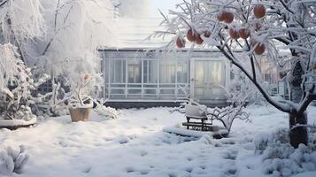 ai gegenereerd sneeuw gedekt bomen en groen huis in de tuin na een sneeuwval foto