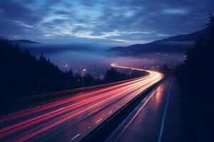 ai gegenereerd snelweg in de bergen Bij nacht met beweging vervagen en blauw lucht foto