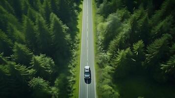 ai gegenereerd auto het rijden Aan de weg door de Woud. 3d weergave. foto