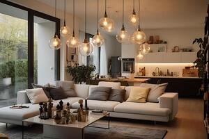 ai gegenereerd modern leven kamer interieur ontwerp met bank, koffie tafel, koffie tafel, lamp en planten. foto