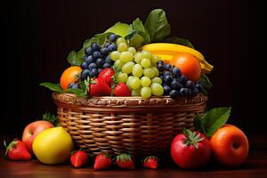 ai gegenereerd vers fruit in een mand Aan een houten tafel. gezond voedsel divers kleur foto