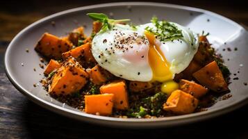 ai gegenereerd kom van quinoa met gebakken ei en pompoen, gezond voedsel foto