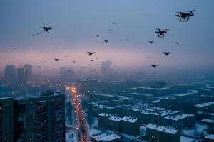 ai gegenereerd groep van drones over- stad Bij winter ochtend- of avond foto